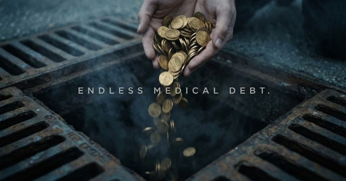 health-expense-renting-mindset-drain ภาพเปรียบเทียบการจ่ายเงินค่ารักษาพยาบาลเหมือนการเทเงินลงท่อระบายน้ำ ซึ่งเป็นแนวคิดแบบผู้เช่า